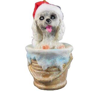 Merry Brite Poodle Puppy Dog Christmas Ornament Santa Hat Glittery Bucket NEW